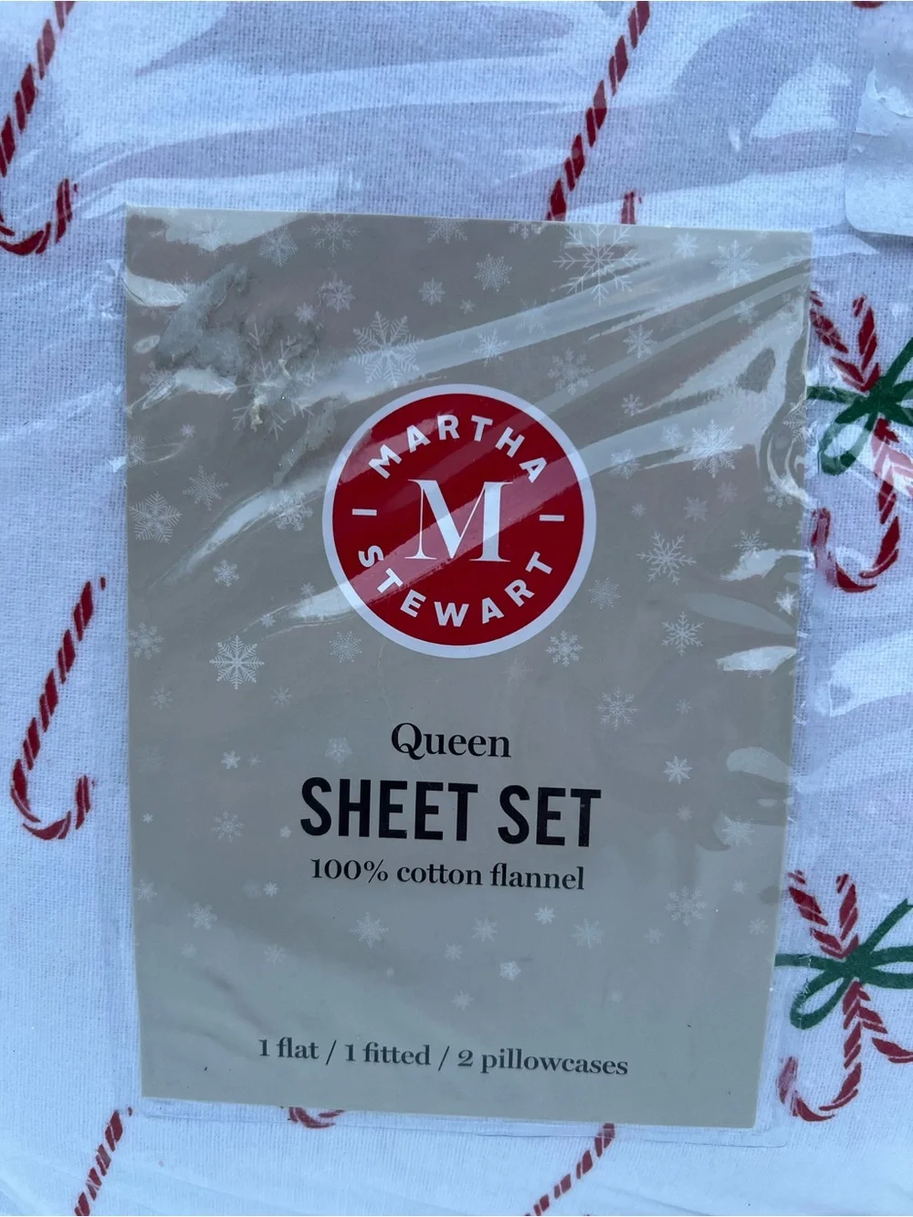 Martha Stewart Candy Cane Print Flannel Sheet Set - White, Red, Green